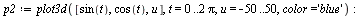`:=`(p1, plot3d(`+`(`*`(`^`(x, 3)), `*`(`^`(y, 2))), x = -3 .. 3, y = -5 .. 5, color = 'red')); -1; `:=`(p2, plot3d([sin(t), cos(t), u], t = 0 .. `+`(`*`(2, `*`(Pi))), u = -50 .. 50, color = 'blue'));...